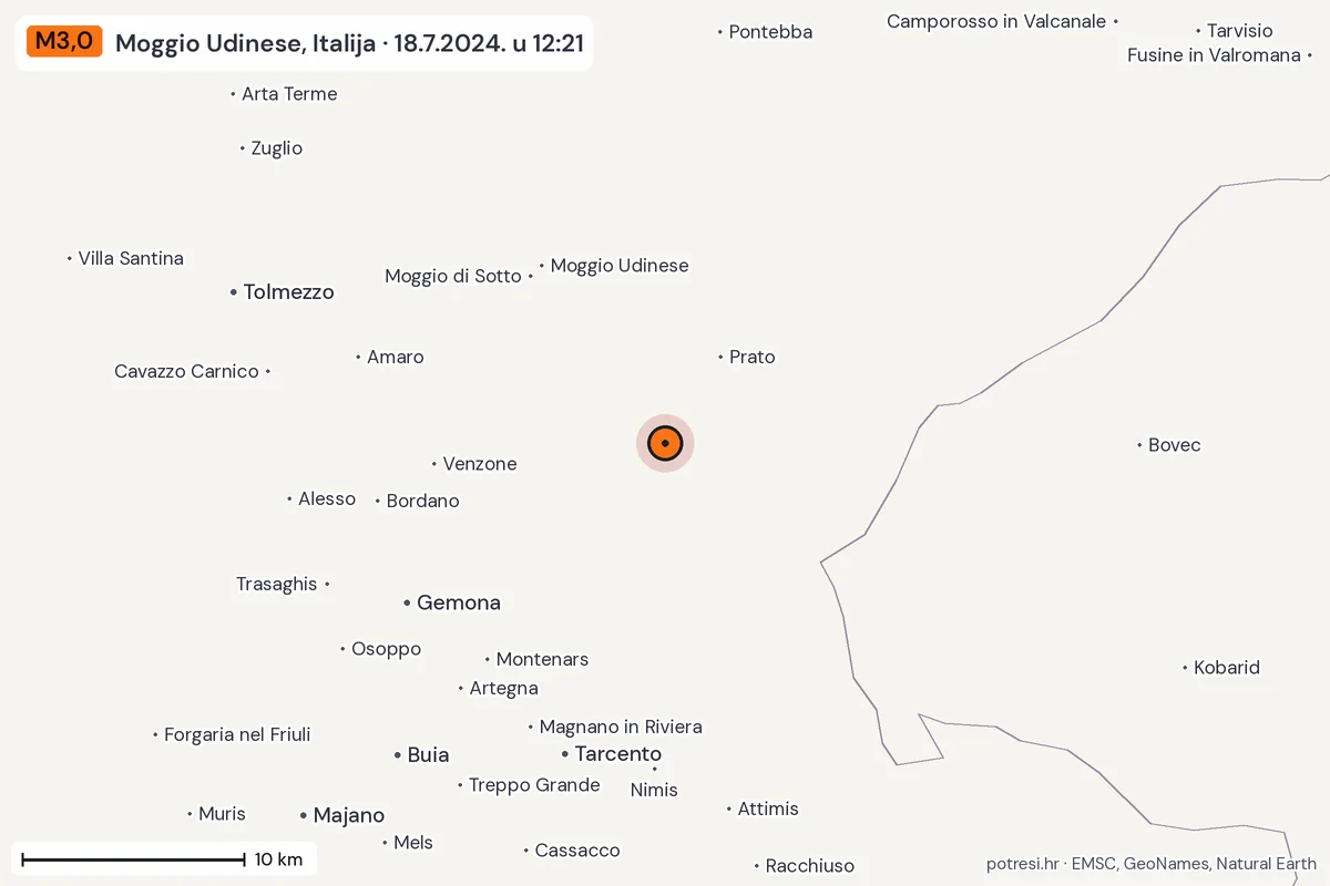 Karta: okolica epicentra, 60 km, potres M3,0, Moggio Udinese, Italija, 18.7.2024.