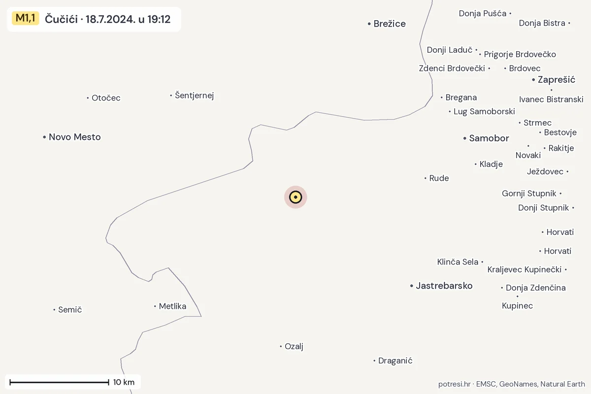 Karta: okolica epicentra, 60 km, potres M1,1, Čučići, 18.7.2024.
