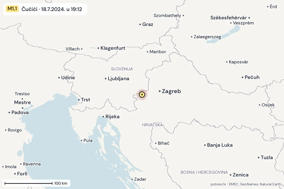 Karta: šire područje, 600 km, potres M1,1, Čučići, 18.7.2024.