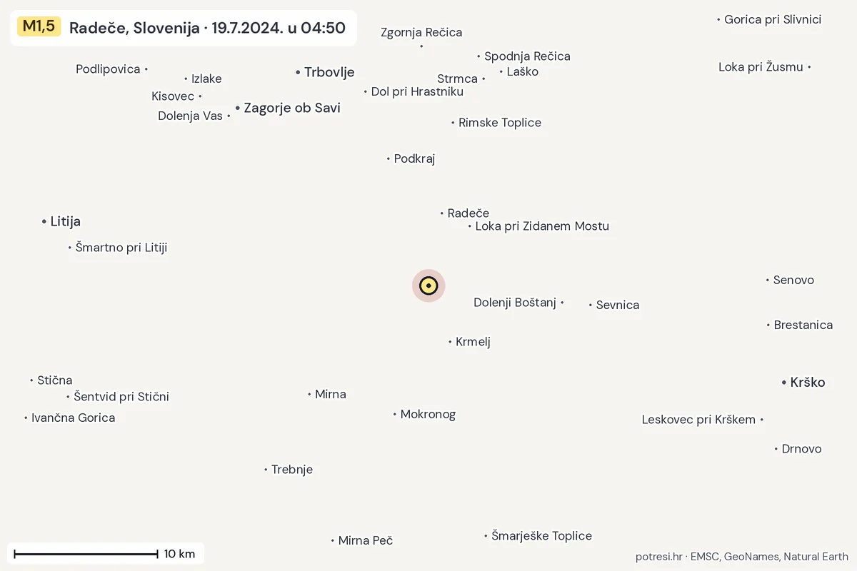 Karta: okolica epicentra, 60 km, potres M1,5, Radeče, Slovenija, 19.7.2024.
