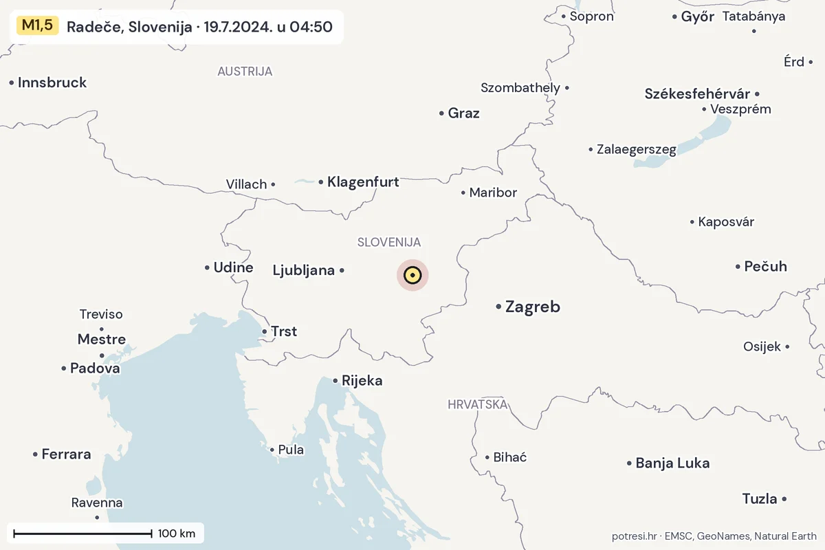 Karta: šire područje, 600 km, potres M1,5, Radeče, Slovenija, 19.7.2024.