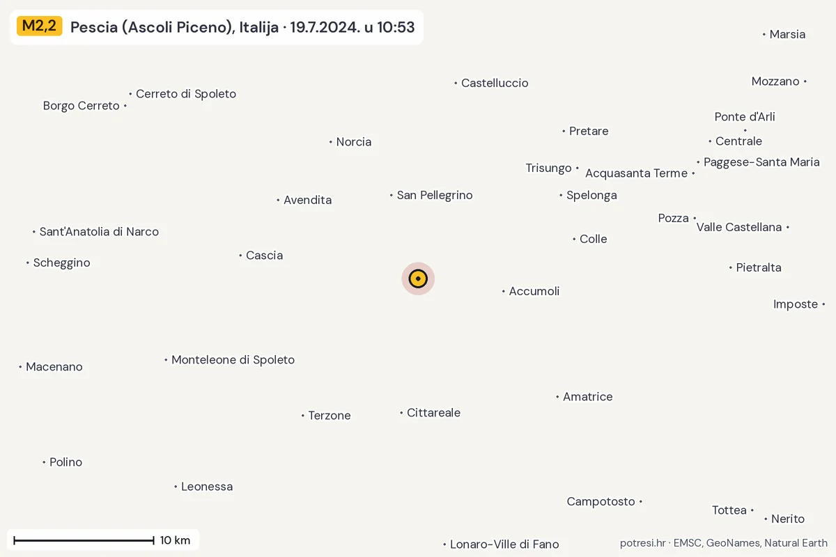 Karta: okolica epicentra, 60 km, potres M2,2, Pescia (Ascoli Piceno), Italija, 19.7.2024.