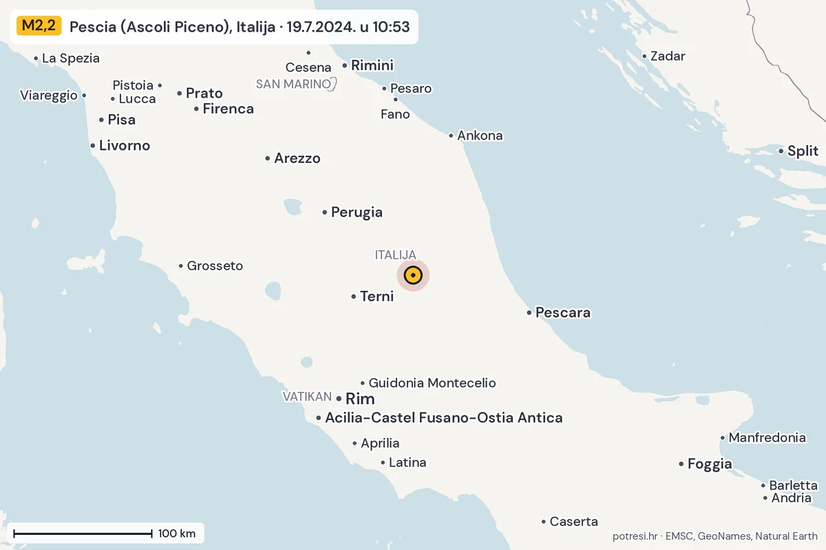 Karta: šire područje, 600 km, potres M2,2, Pescia (Ascoli Piceno), Italija, 19.7.2024.
