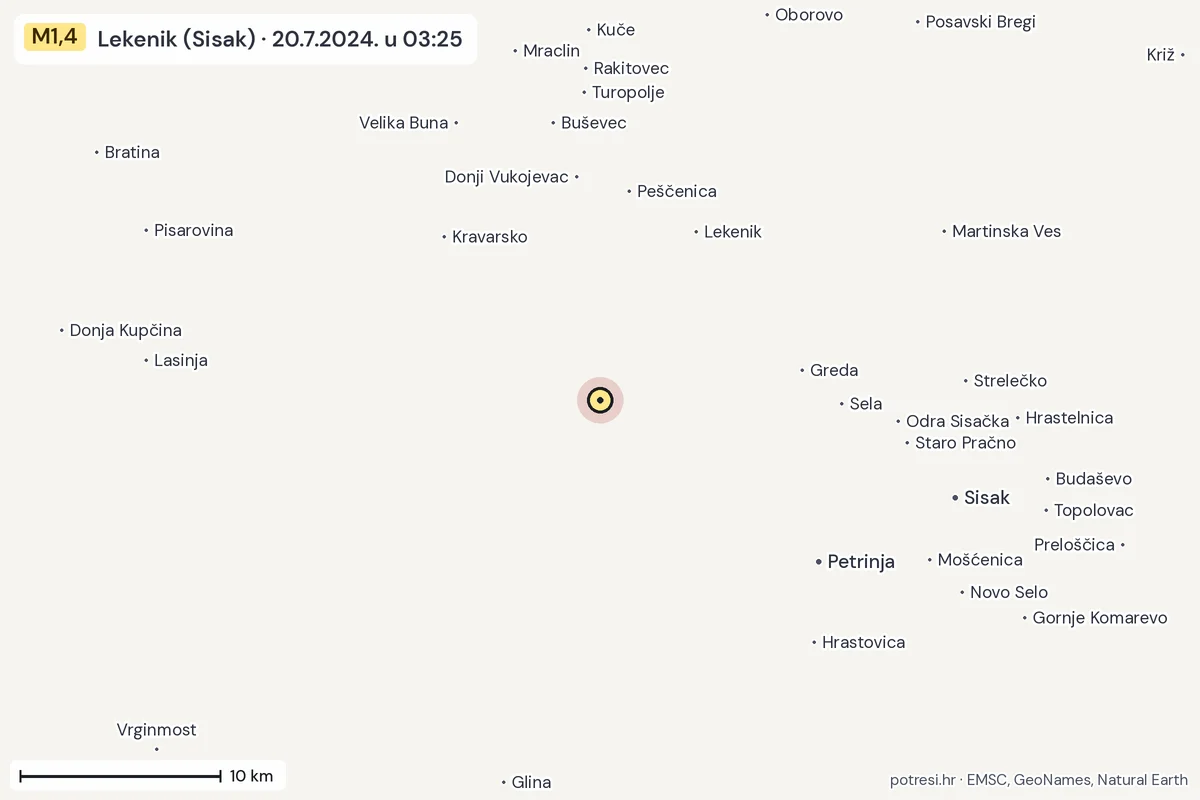 Karta: okolica epicentra, 60 km, potres M1,4, Lekenik (Sisak), 20.7.2024.
