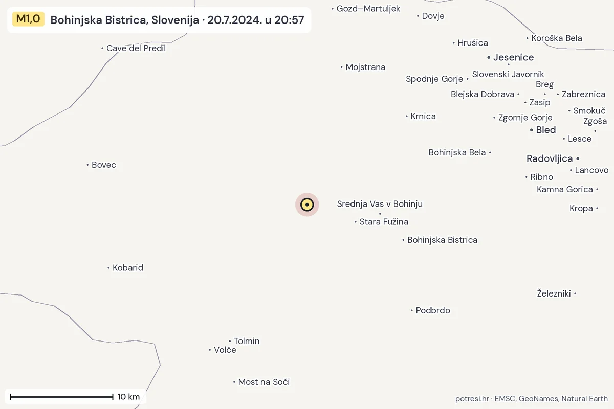 Karta: okolica epicentra, 60 km, potres M1,0, Bohinjska Bistrica, Slovenija, 20.7.2024.