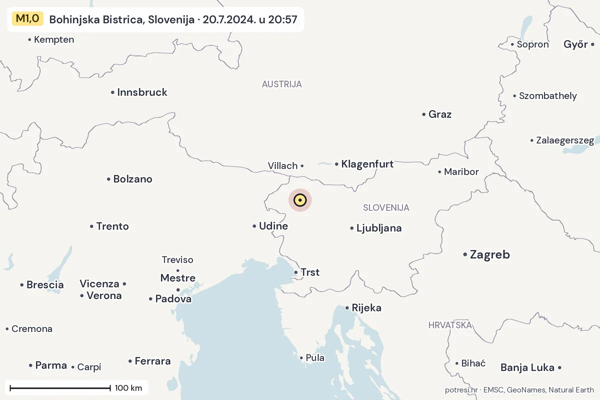 Karta: šire područje, 600 km, potres M1,0, Bohinjska Bistrica, Slovenija, 20.7.2024.