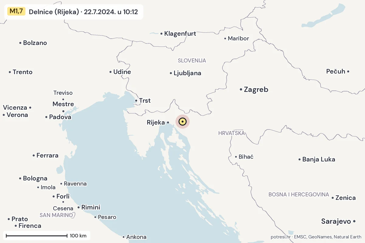 Karta: šire područje, 600 km, potres M1,7, Delnice (Rijeka), 22.7.2024.