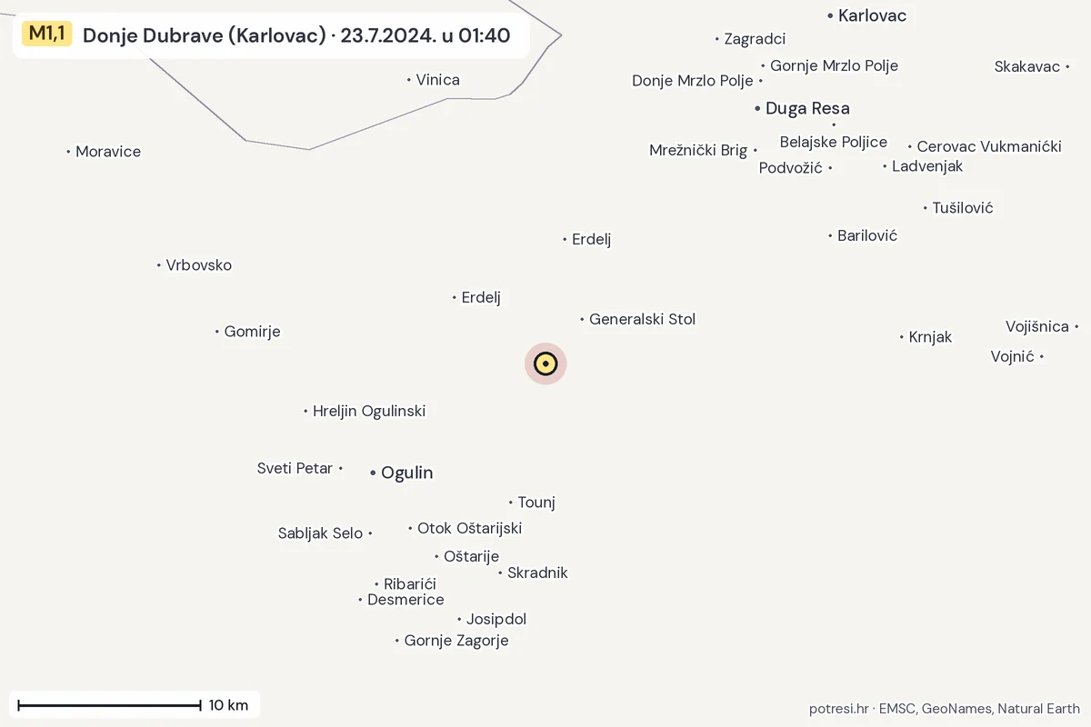 Karta: okolica epicentra, 60 km, potres M1,1, Donje Dubrave (Karlovac), 23.7.2024.
