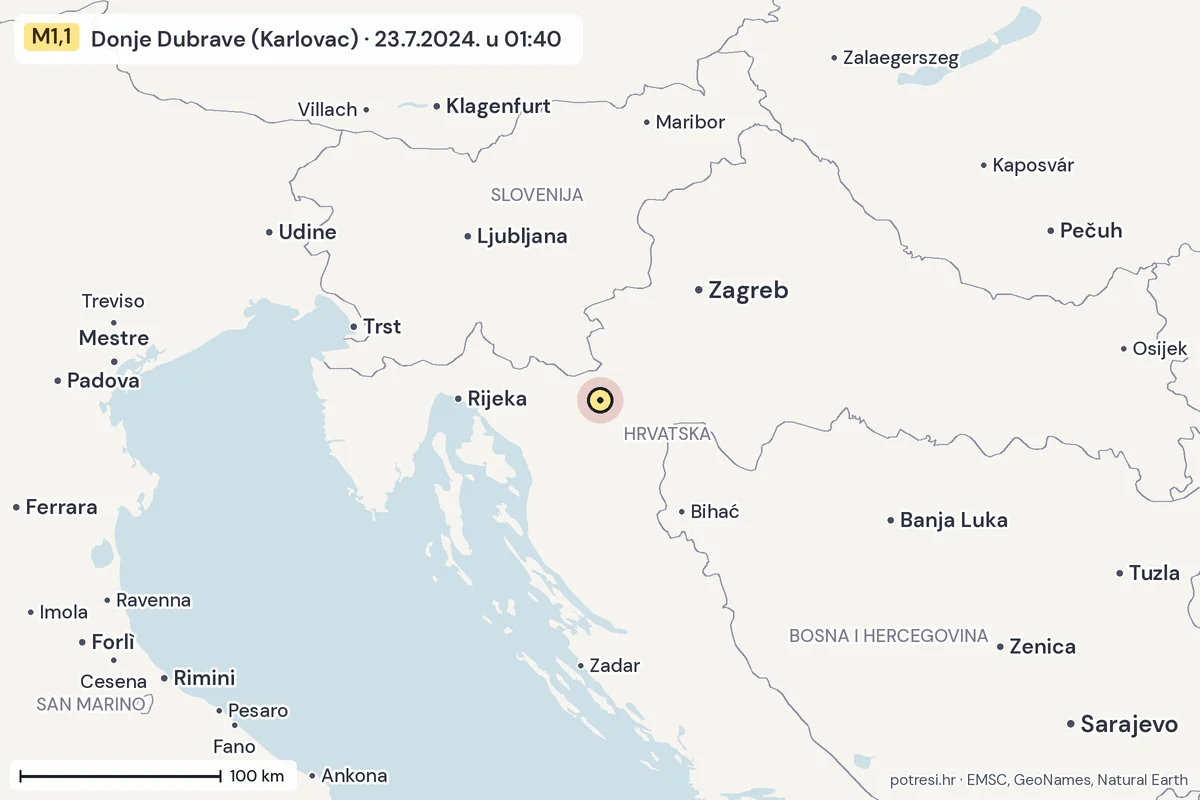 Karta: šire područje, 600 km, potres M1,1, Donje Dubrave (Karlovac), 23.7.2024.
