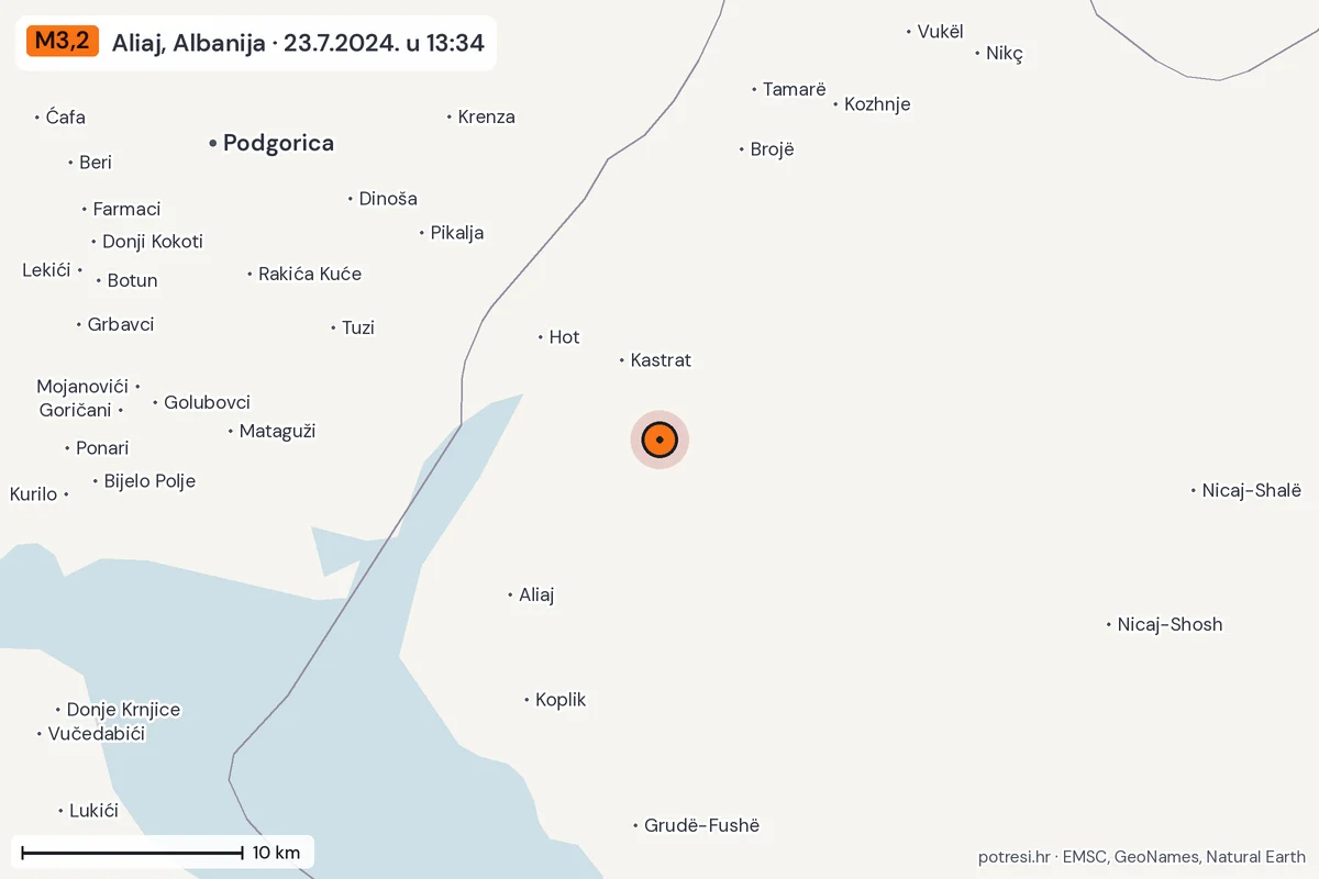 Karta: okolica epicentra, 60 km, potres M3,2, Aliaj, Albanija, 23.7.2024.