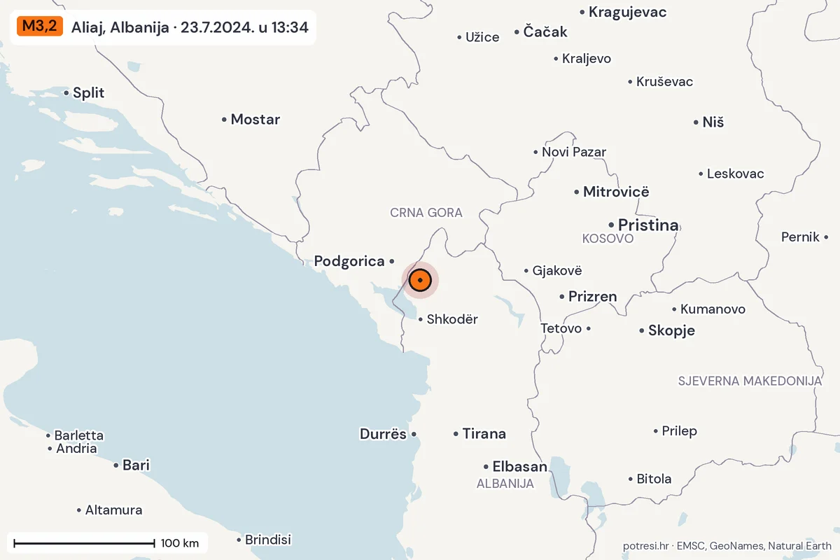 Karta: šire područje, 600 km, potres M3,2, Aliaj, Albanija, 23.7.2024.