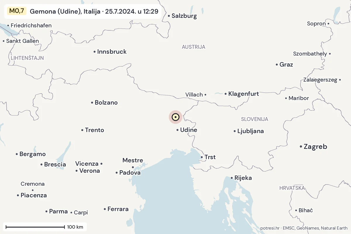 Karta: šire područje, 600 km, potres M0,7, Gemona (Udine), Italija, 25.7.2024.