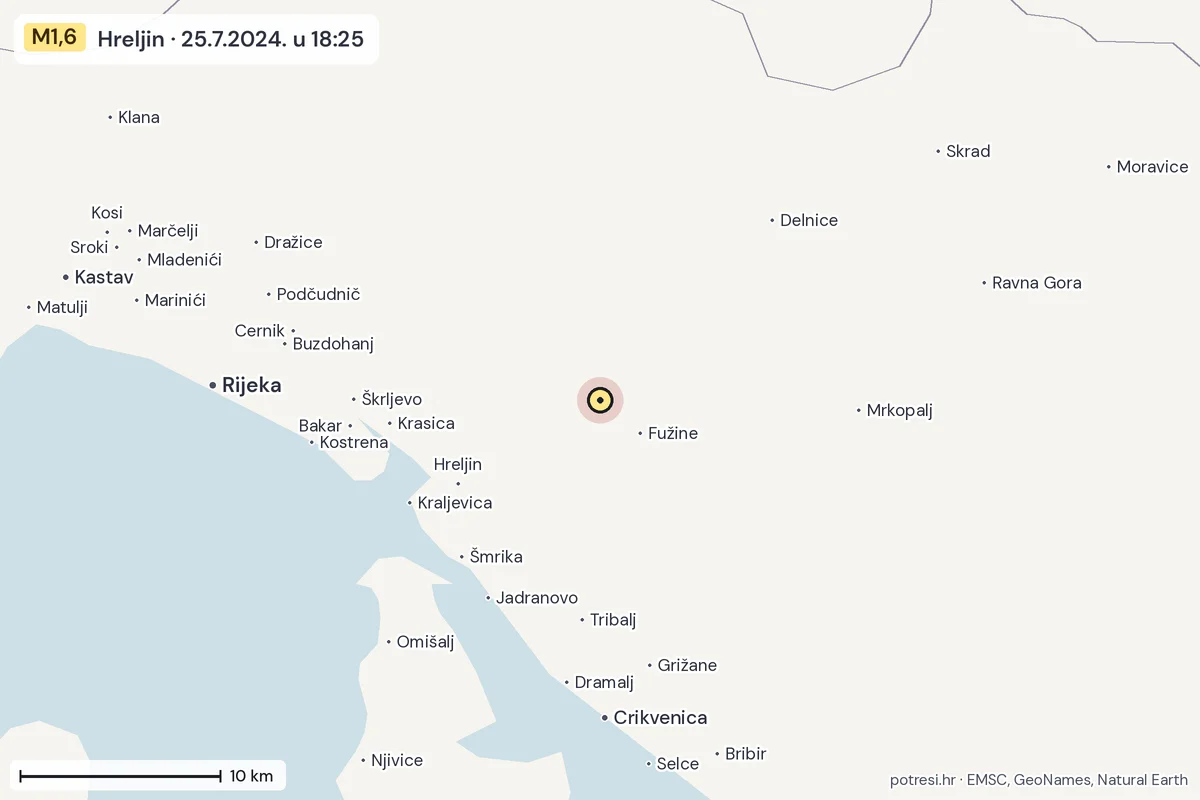 Karta: okolica epicentra, 60 km, potres M1,6, Hreljin, 25.7.2024.
