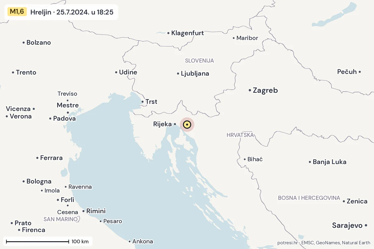 Karta: šire područje, 600 km, potres M1,6, Hreljin, 25.7.2024.
