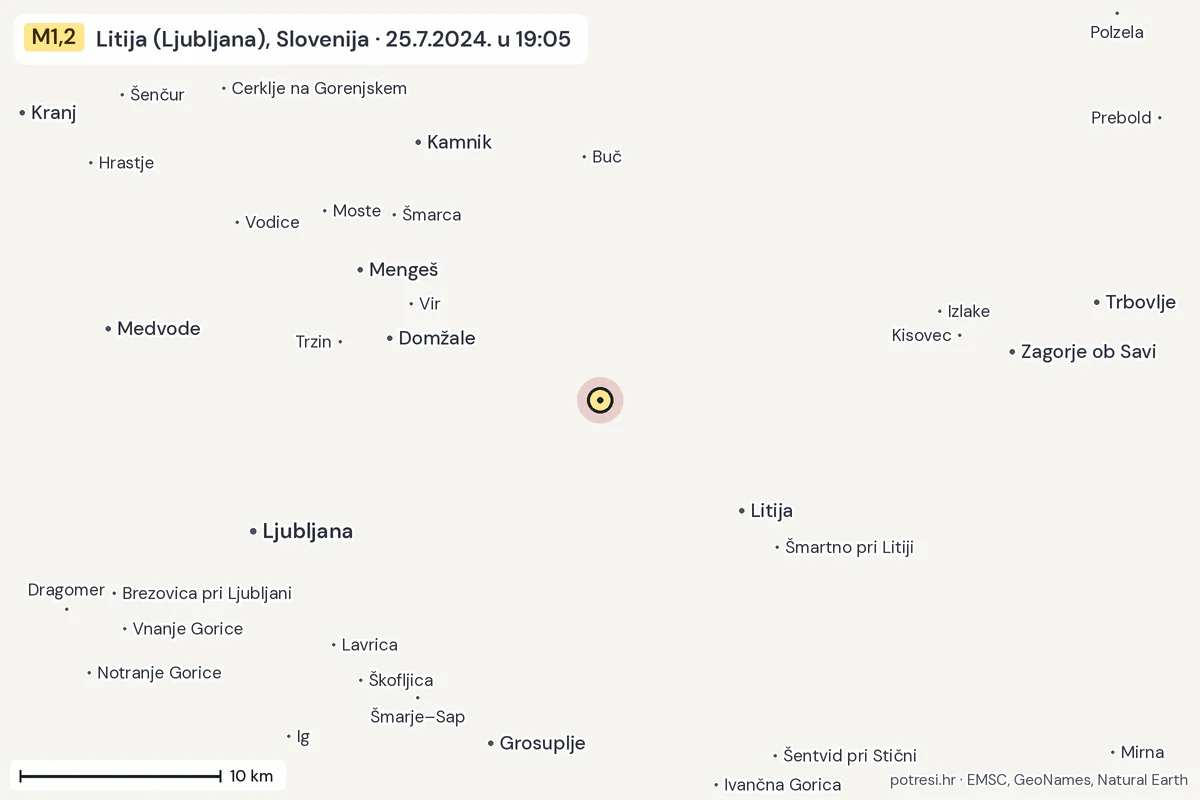 Karta: okolica epicentra, 60 km, potres M1,2, Litija (Ljubljana), Slovenija, 25.7.2024.