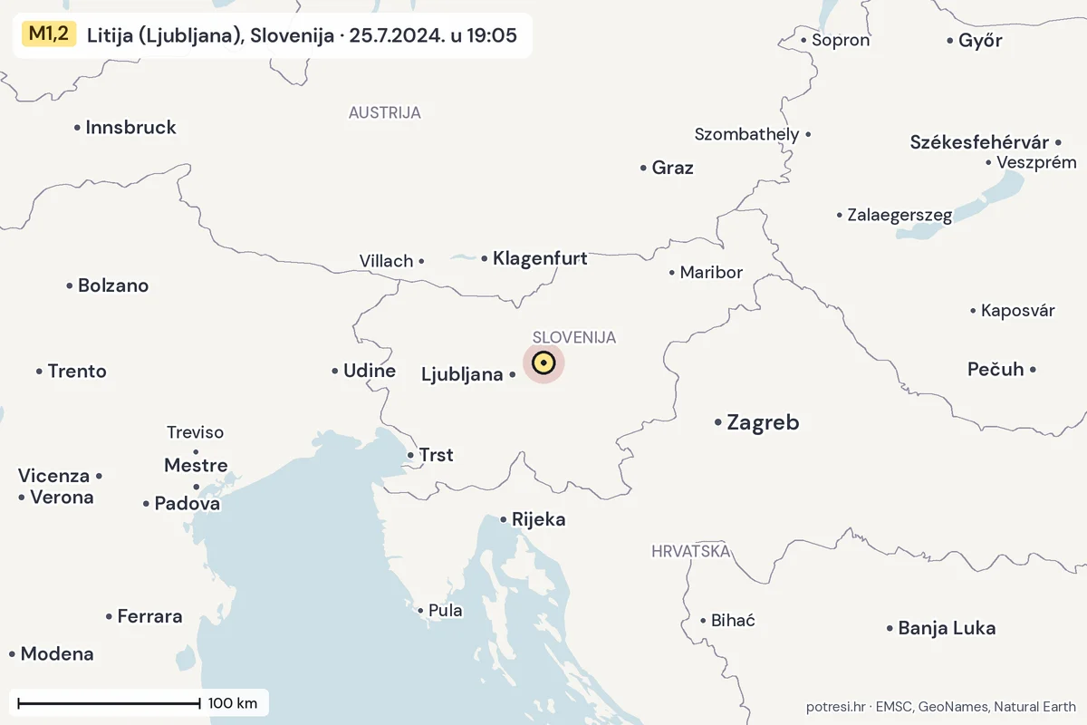 Karta: šire područje, 600 km, potres M1,2, Litija (Ljubljana), Slovenija, 25.7.2024.