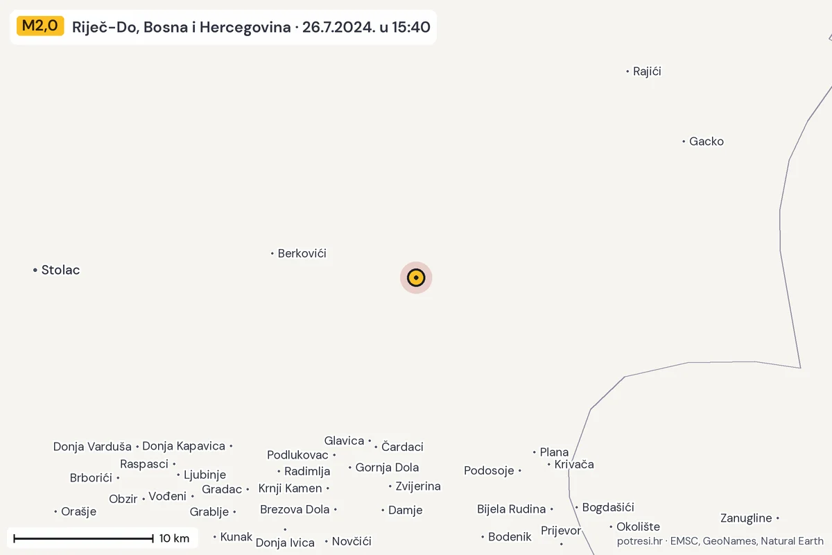 Karta: okolica epicentra, 60 km, potres M2,0, Riječ-Do, Bosna i Hercegovina, 26.7.2024.