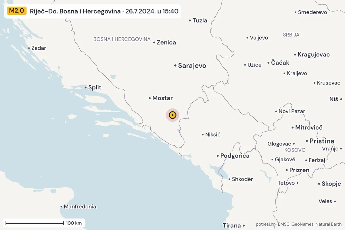 Karta: šire područje, 600 km, potres M2,0, Riječ-Do, Bosna i Hercegovina, 26.7.2024.