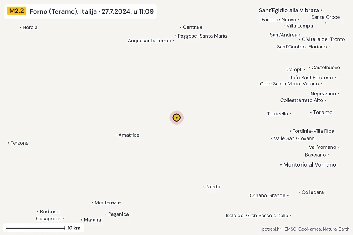 Karta: okolica epicentra, 60 km, potres M2,2, Forno (Teramo), Italija, 27.7.2024.