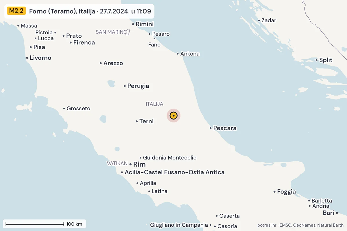 Karta: šire područje, 600 km, potres M2,2, Forno (Teramo), Italija, 27.7.2024.