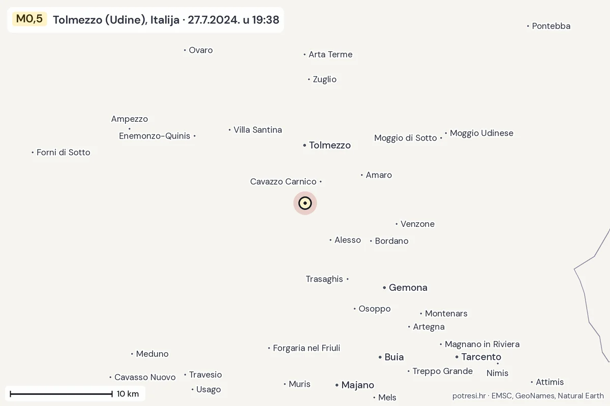 Karta: okolica epicentra, 60 km, potres M0,5, Tolmezzo (Udine), Italija, 27.7.2024.