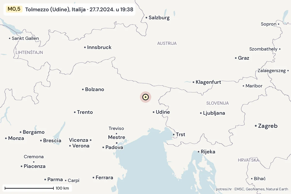 Karta: šire područje, 600 km, potres M0,5, Tolmezzo (Udine), Italija, 27.7.2024.