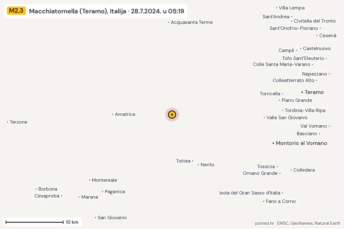 Karta: okolica epicentra, 60 km, potres M2,3, Macchiatornella (Teramo), Italija, 28.7.2024.