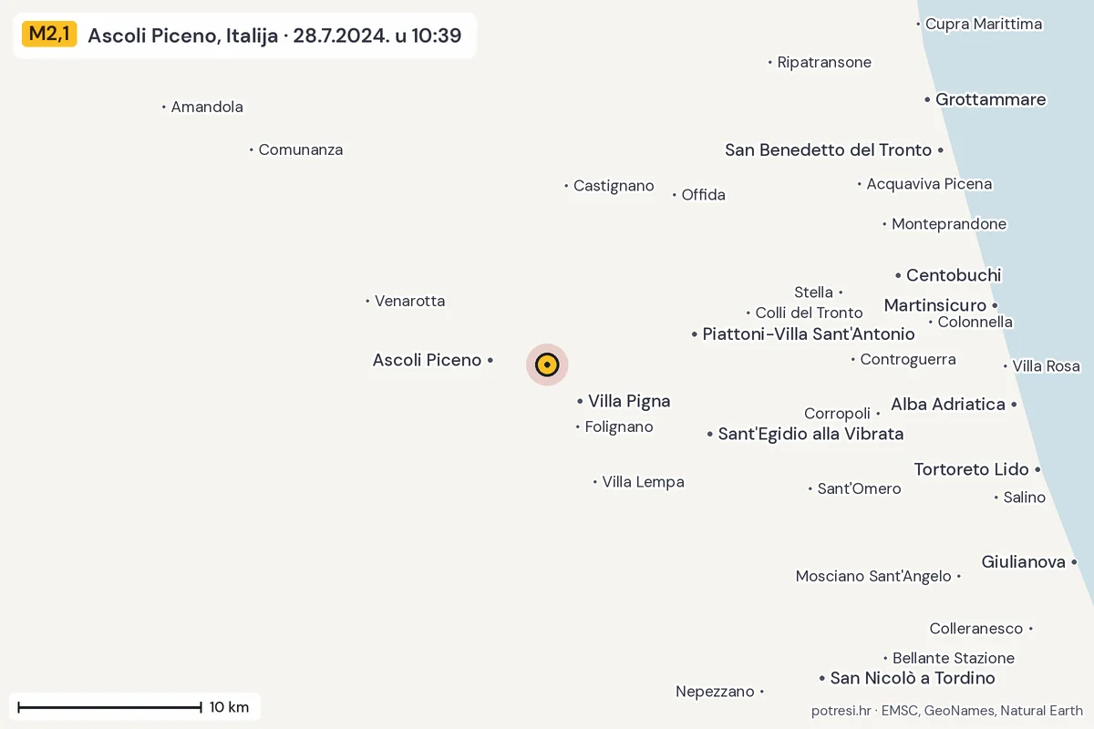 Karta: okolica epicentra, 60 km, potres M2,1, Ascoli Piceno, Italija, 28.7.2024.