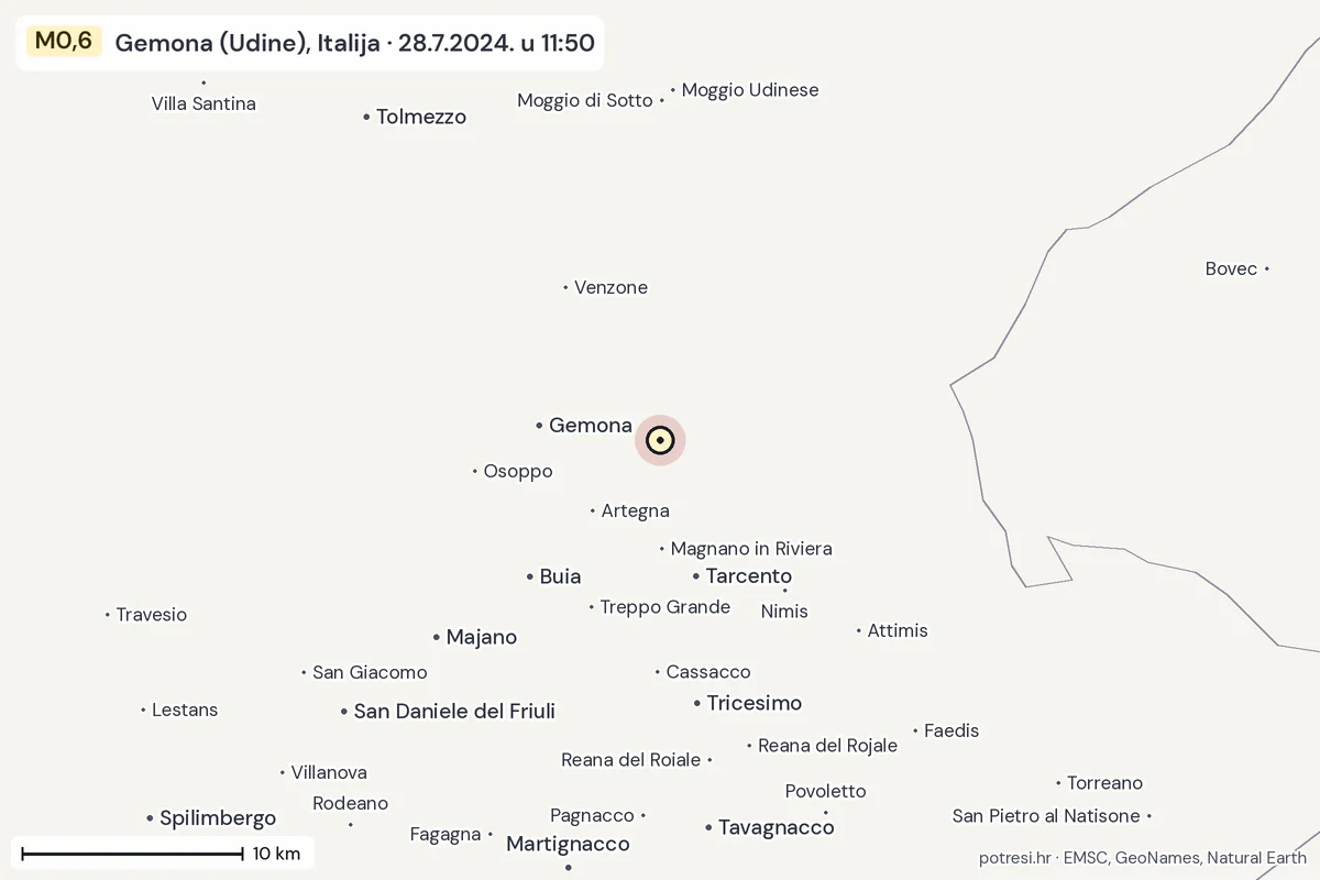 Karta: okolica epicentra, 60 km, potres M0,6, Gemona (Udine), Italija, 28.7.2024.