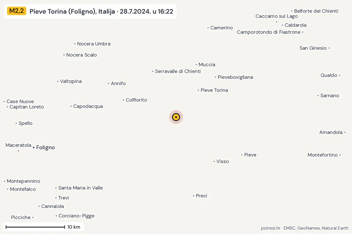 Karta: okolica epicentra, 60 km, potres M2,2, Pieve Torina (Foligno), Italija, 28.7.2024.