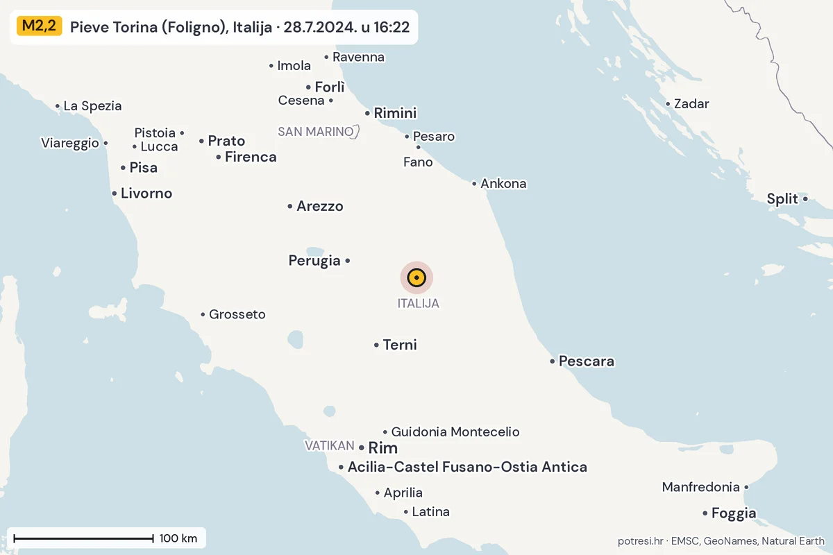 Karta: šire područje, 600 km, potres M2,2, Pieve Torina (Foligno), Italija, 28.7.2024.