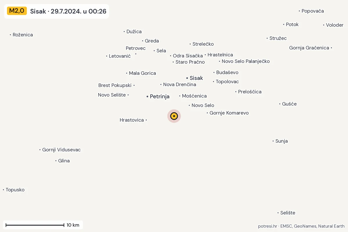 Karta: okolica epicentra, 60 km, potres M2,0, Sisak, 29.7.2024.