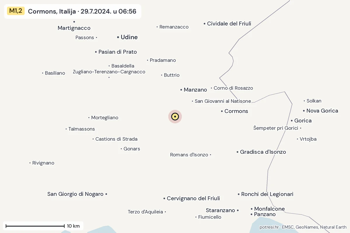 Karta: okolica epicentra, 60 km, potres M1,2, Cormons, Italija, 29.7.2024.