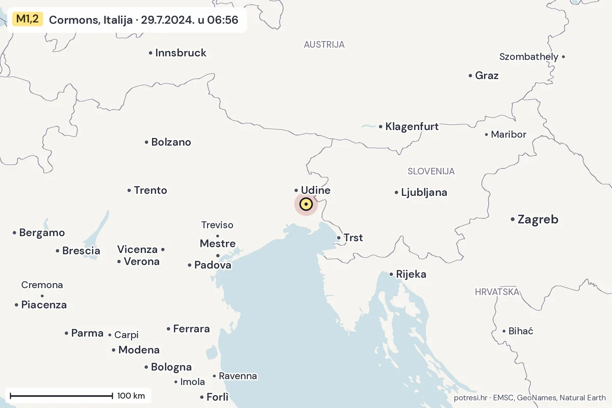 Karta: šire područje, 600 km, potres M1,2, Cormons, Italija, 29.7.2024.