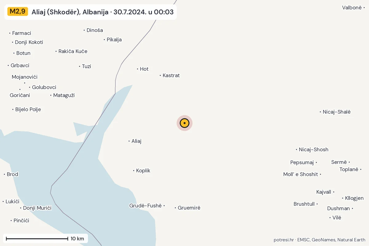 Karta: okolica epicentra, 60 km, potres M2,9, Aliaj (Shkodër), Albanija, 30.7.2024.