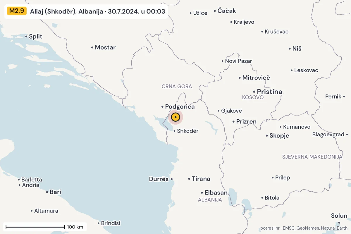 Karta: šire područje, 600 km, potres M2,9, Aliaj (Shkodër), Albanija, 30.7.2024.