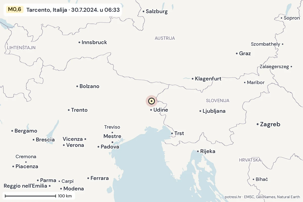 Karta: šire područje, 600 km, potres M0,6, Tarcento, Italija, 30.7.2024.