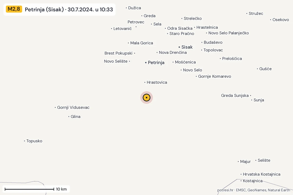 Karta: okolica epicentra, 60 km, potres M2,8, Petrinja (Sisak), 30.7.2024.