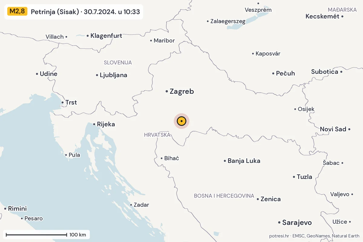 Karta: šire područje, 600 km, potres M2,8, Petrinja (Sisak), 30.7.2024.