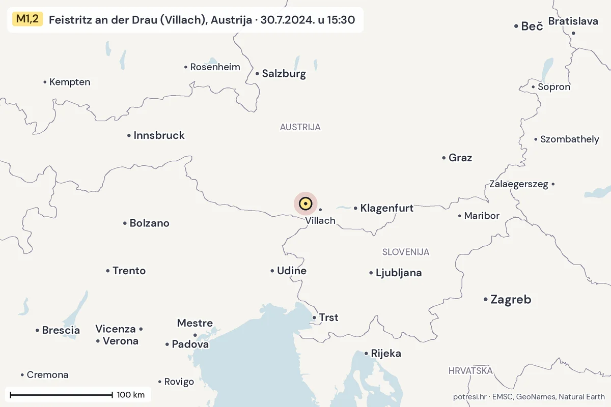 Karta: šire područje, 600 km, potres M1,2, Feistritz an der Drau (Villach), Austrija, 30.7.2024.
