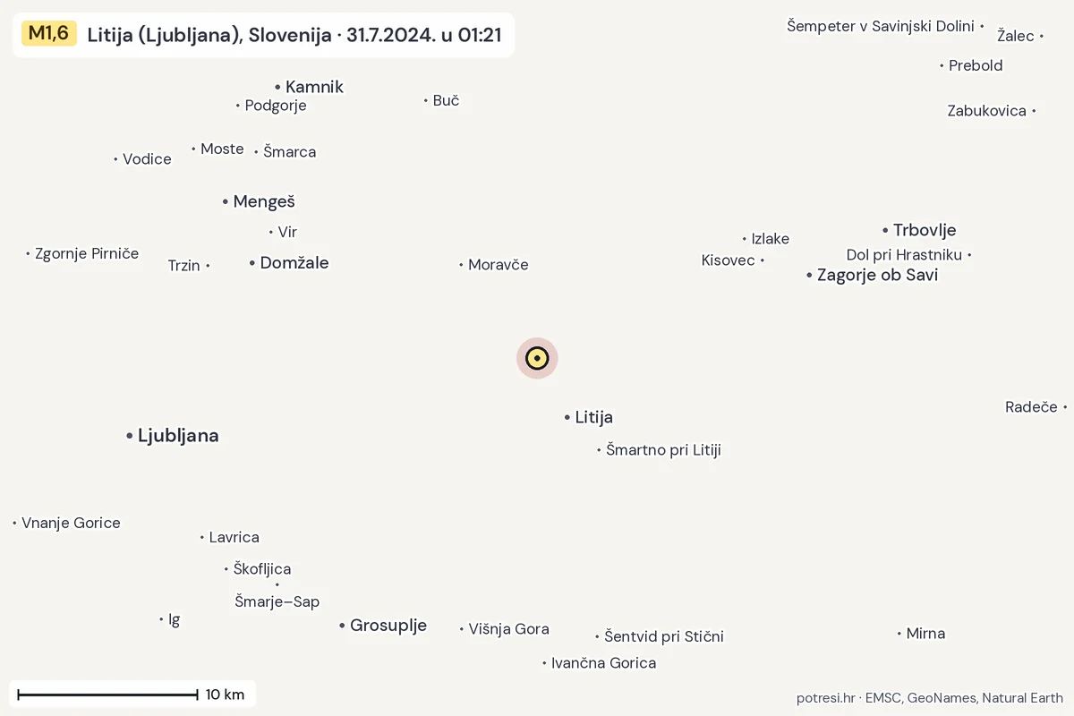 Karta: okolica epicentra, 60 km, potres M1,6, Litija (Ljubljana), Slovenija, 31.7.2024.