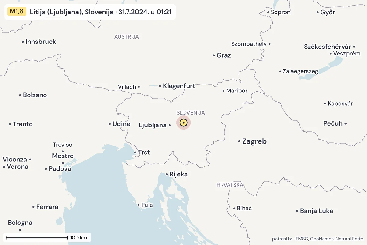 Karta: šire područje, 600 km, potres M1,6, Litija (Ljubljana), Slovenija, 31.7.2024.