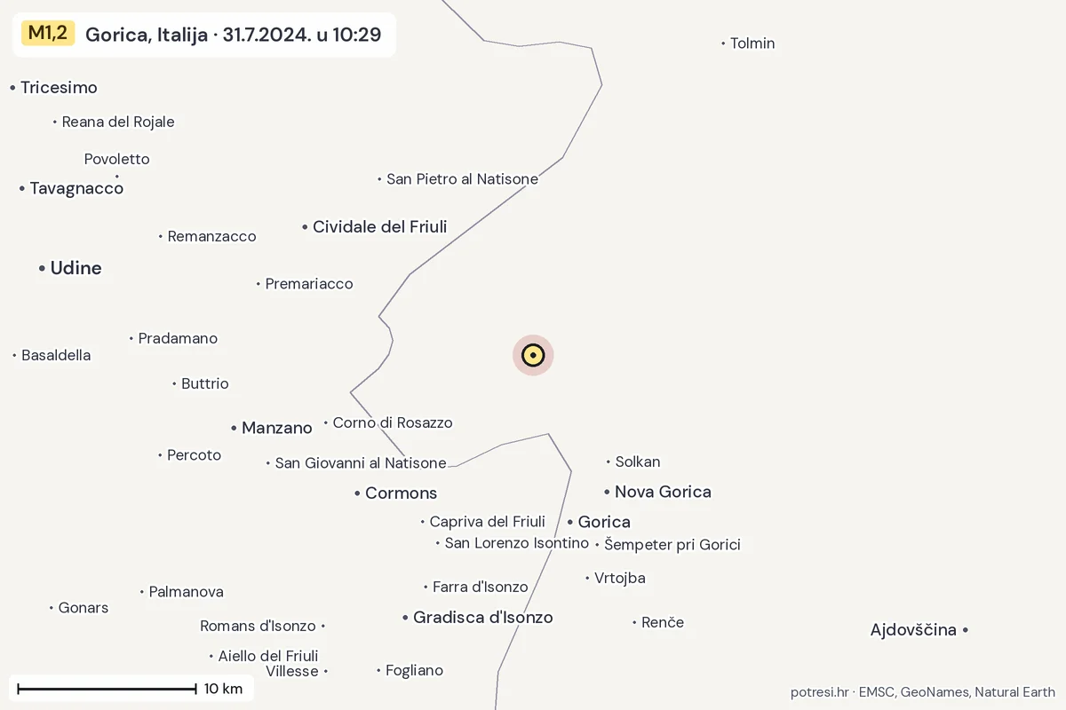 Karta: okolica epicentra, 60 km, potres M1,2, Gorica, Italija, 31.7.2024.