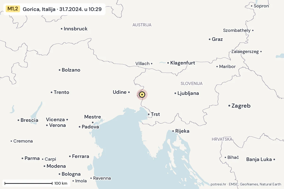 Karta: šire područje, 600 km, potres M1,2, Gorica, Italija, 31.7.2024.