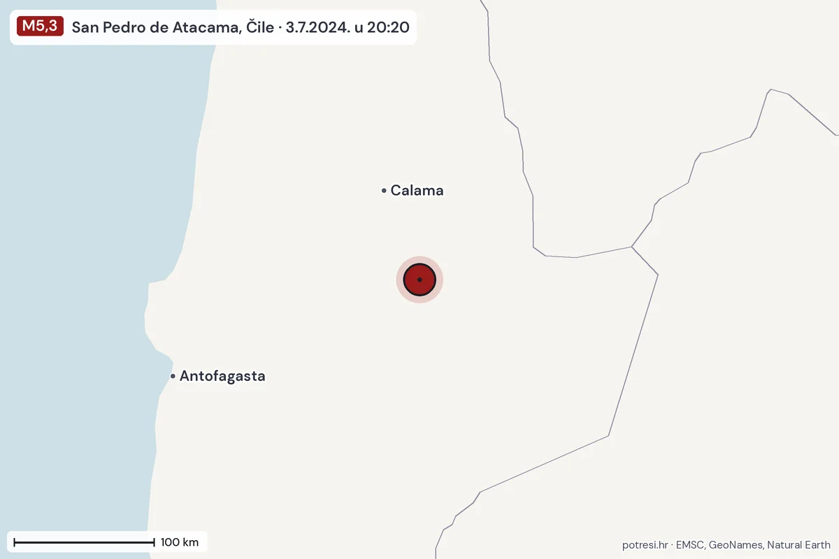 Karta: šire područje, 600 km, potres M5,3, San Pedro de Atacama, Čile, 3.7.2024.