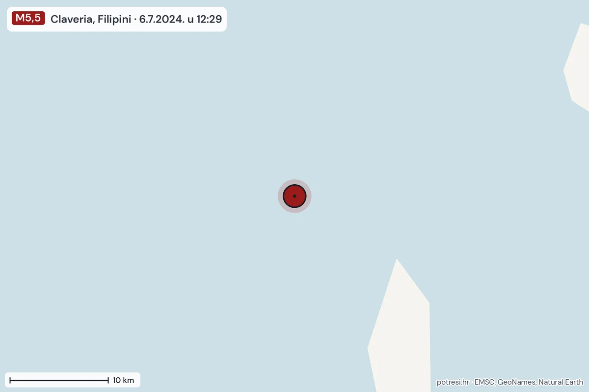 Karta: okolica epicentra, 60 km, potres M5,5, Claveria, Filipini, 6.7.2024.