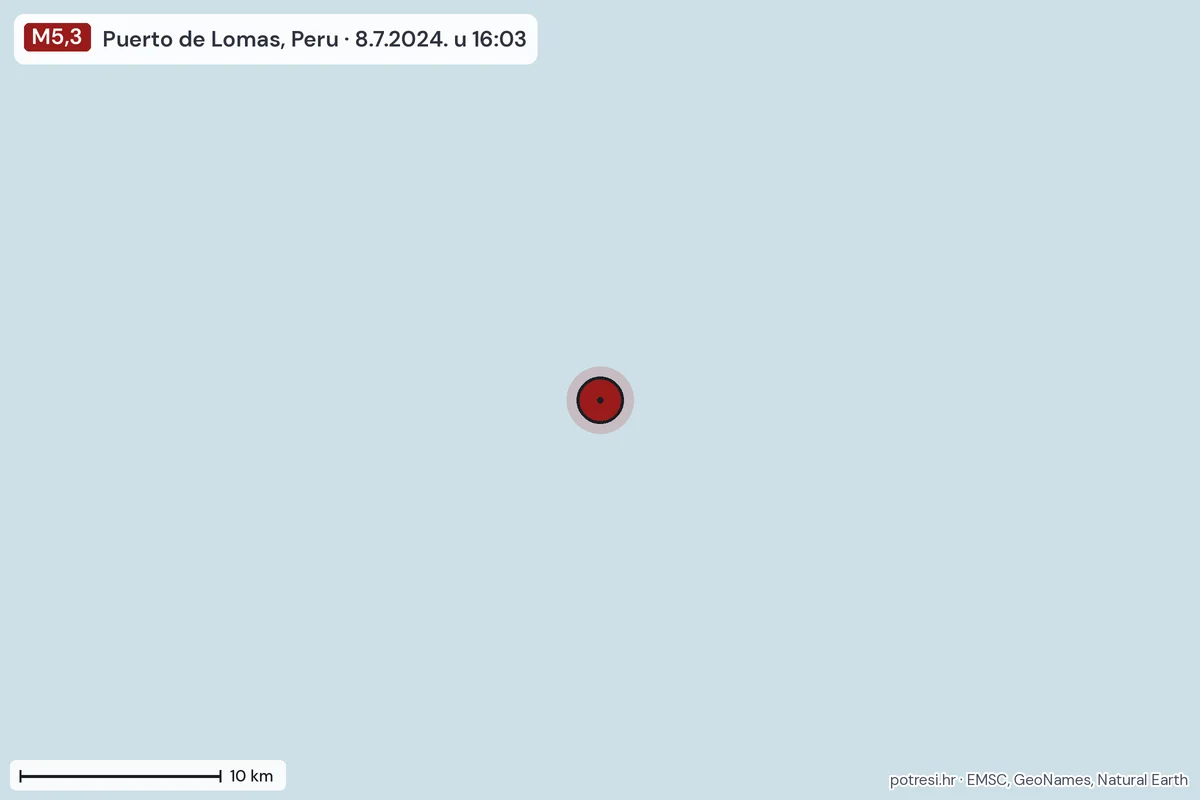 Karta: okolica epicentra, 60 km, potres M5,3, Puerto de Lomas, Peru, 8.7.2024.