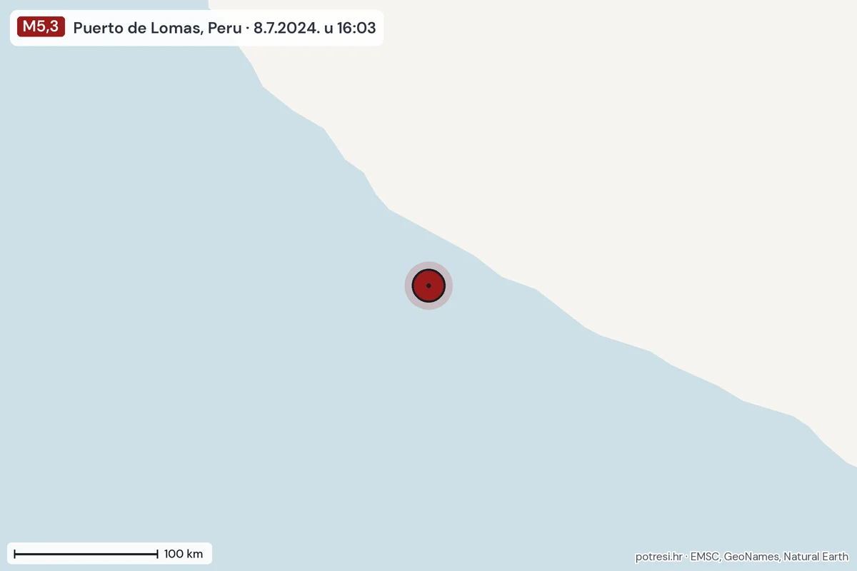 Karta: šire područje, 600 km, potres M5,3, Puerto de Lomas, Peru, 8.7.2024.