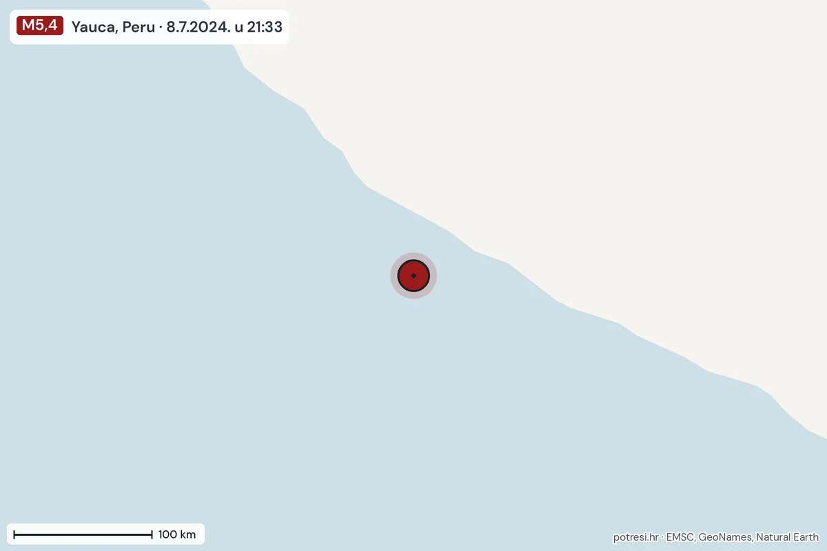 Karta: šire područje, 600 km, potres M5,4, Yauca, Peru, 8.7.2024.