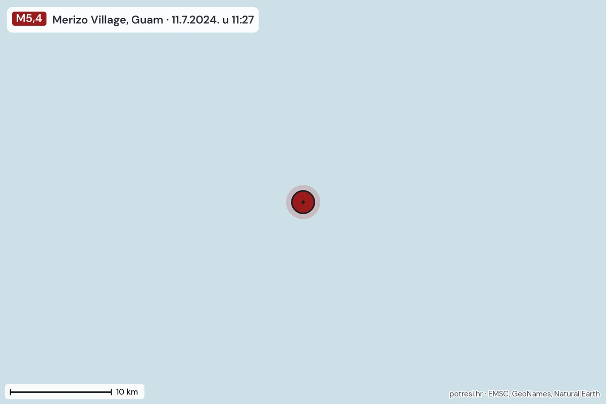 Karta: okolica epicentra, 60 km, potres M5,4, Merizo Village, Guam, 11.7.2024.